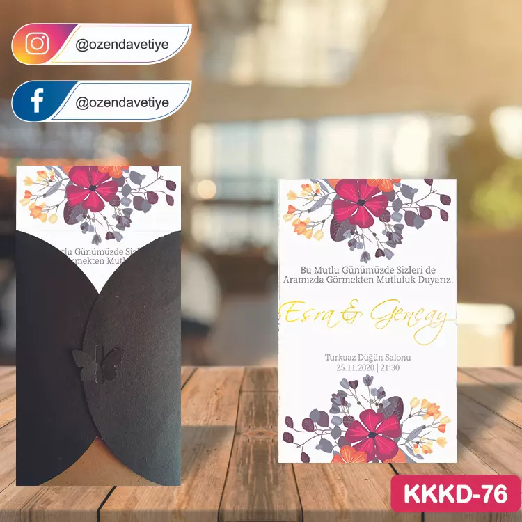 ozen-davetiye-Düğün Davetiyesi - Kahverengi Kelebekli Kraft Zarflı Davetiye Model No:76